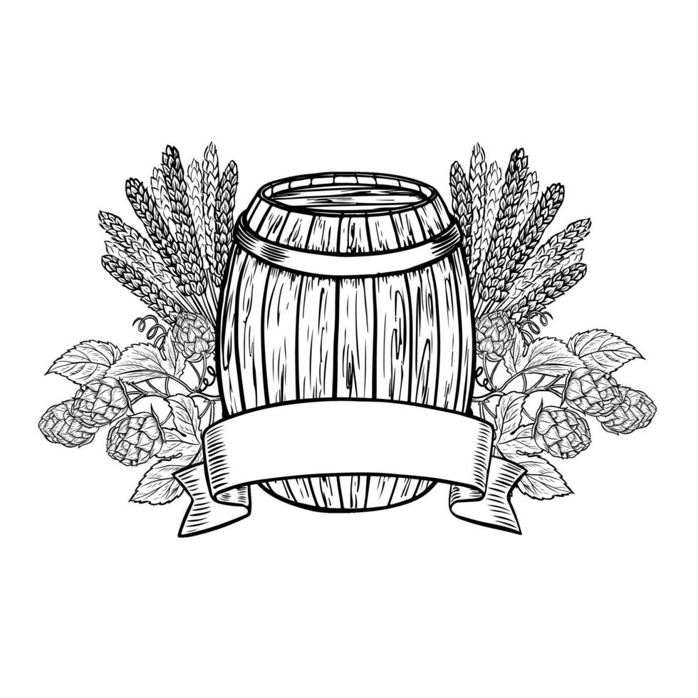 A wooden beer barrel, hops, malt and a ribbon label for the inscription. Black and white illustration, hand-made in the style of engraving. Great for bar menus, labels and posters, packaging. vector