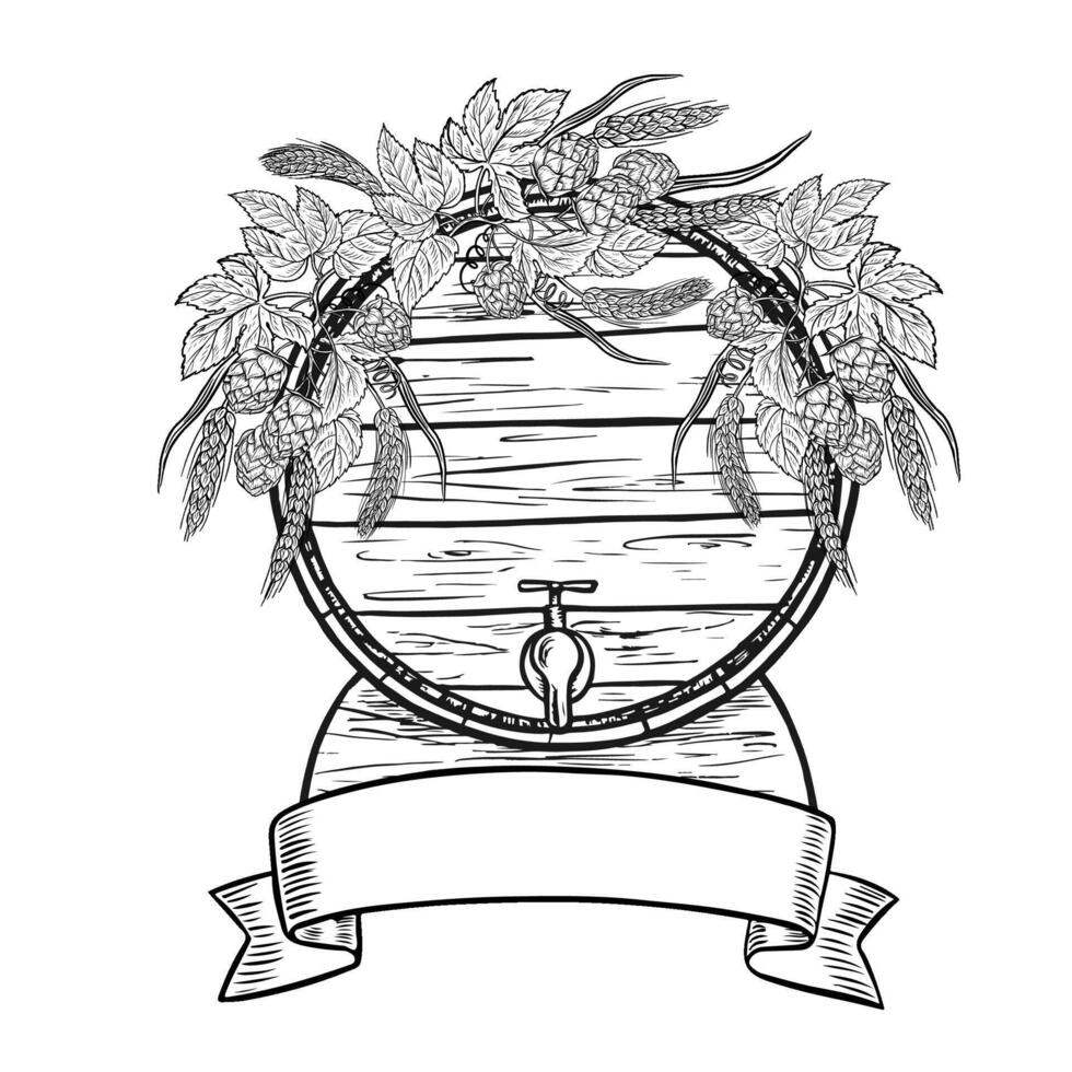 A wooden beer barrel decorated with hop branches and a ribbon label. Black and white illustration, hand-made in the style of engraving. Great for bar, label, poster. For printing and packaging vector