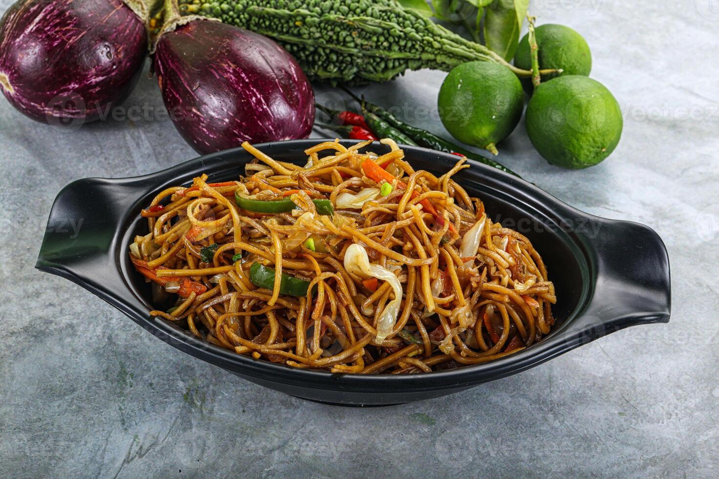 Stir fried noodles with vegetables photo