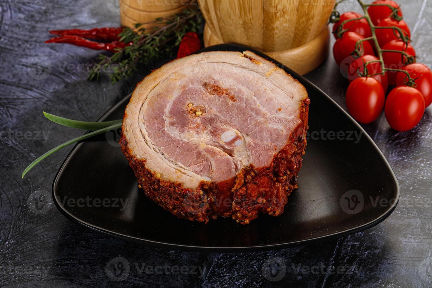 Tasty and fat smoked pork belly photo