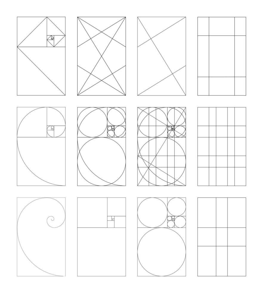 Golden ratio set. Method golden sections theory. Fibonacci array and numbers. Harmony proportions. Outline template. Graphic illustration. vector