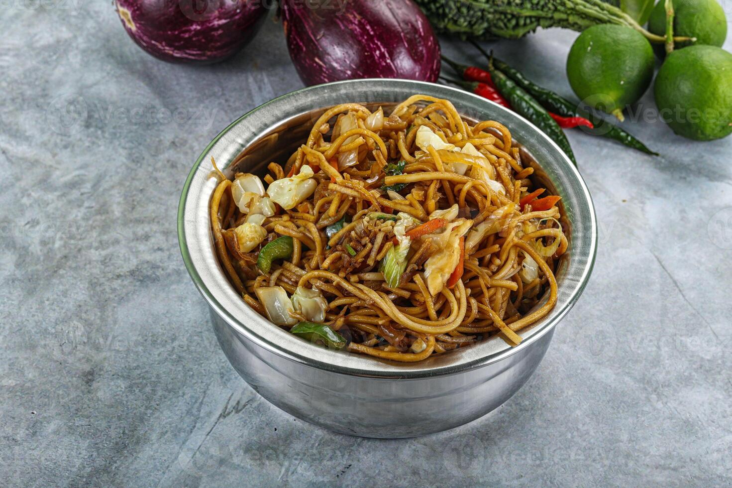 Stir fried noodles with vegetables photo