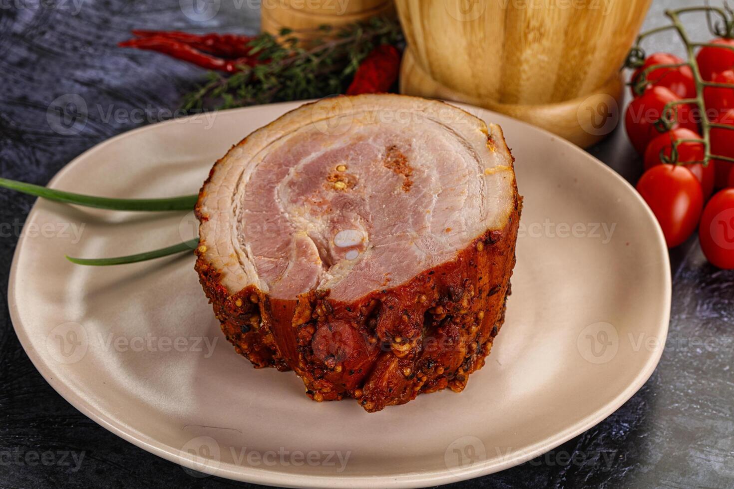 Tasty and fat smoked pork belly photo