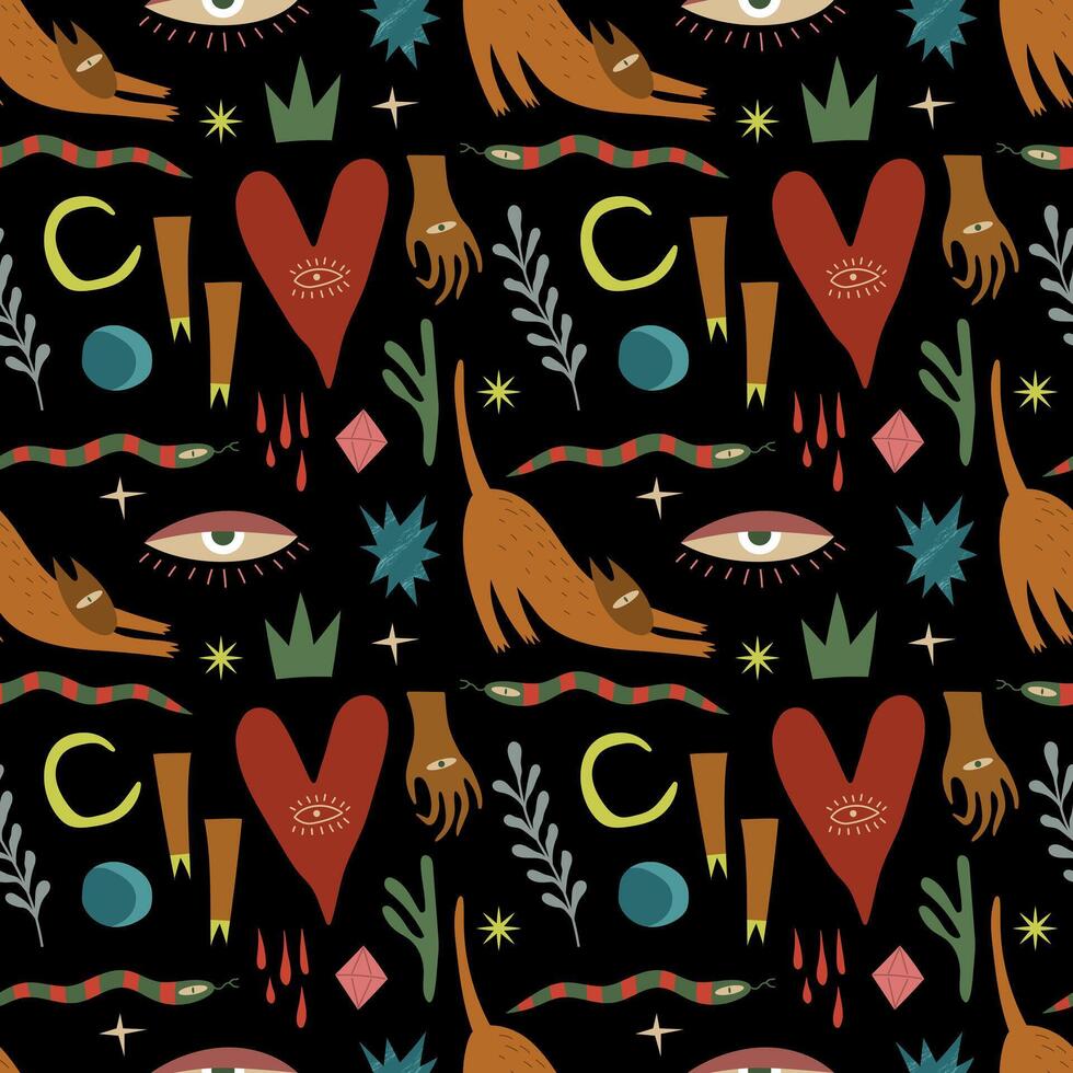 Mystical seamless pattern with cyclops, cat, hands, stars, plants and abstract elements. . For sketchbook cover, shopping bag, phone case vector