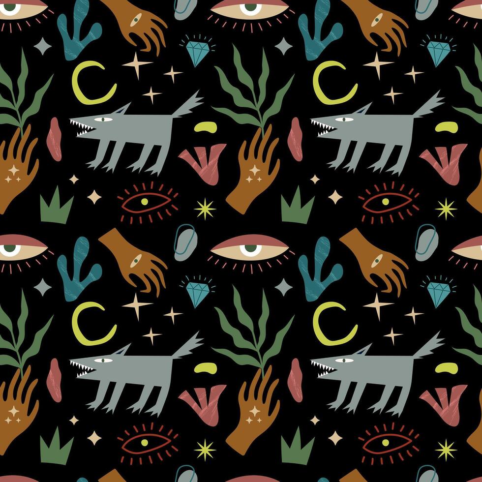 Mystical seamless pattern with wolf, hands, stars, plants and abstract elements. . For sketchbook cover, shopping bag, phone case vector