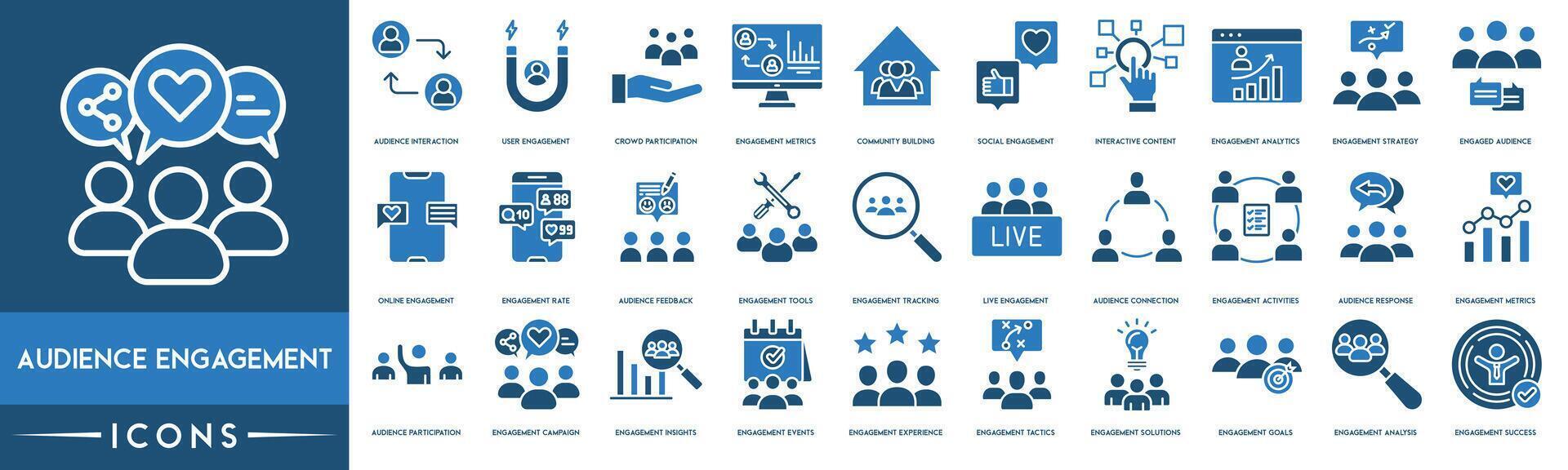 Audience Engagement icon. Audience Interaction, User, Crowd Participation, Engagement Metrics, Community Building, Social Engagement, Interactive Content and Engagement Analytics vector