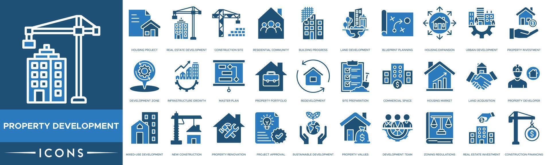 Property Development icon. Housing Project, Real Estate Development, Construction Site, Residential Community, Building Progress, Land Development, Blueprint Planning, Housing Expansion vector