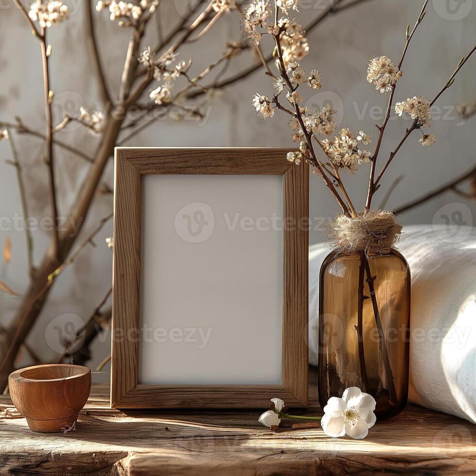 Frame mockup, DINA vertical frame mockup, aestetic, wooden frame photo