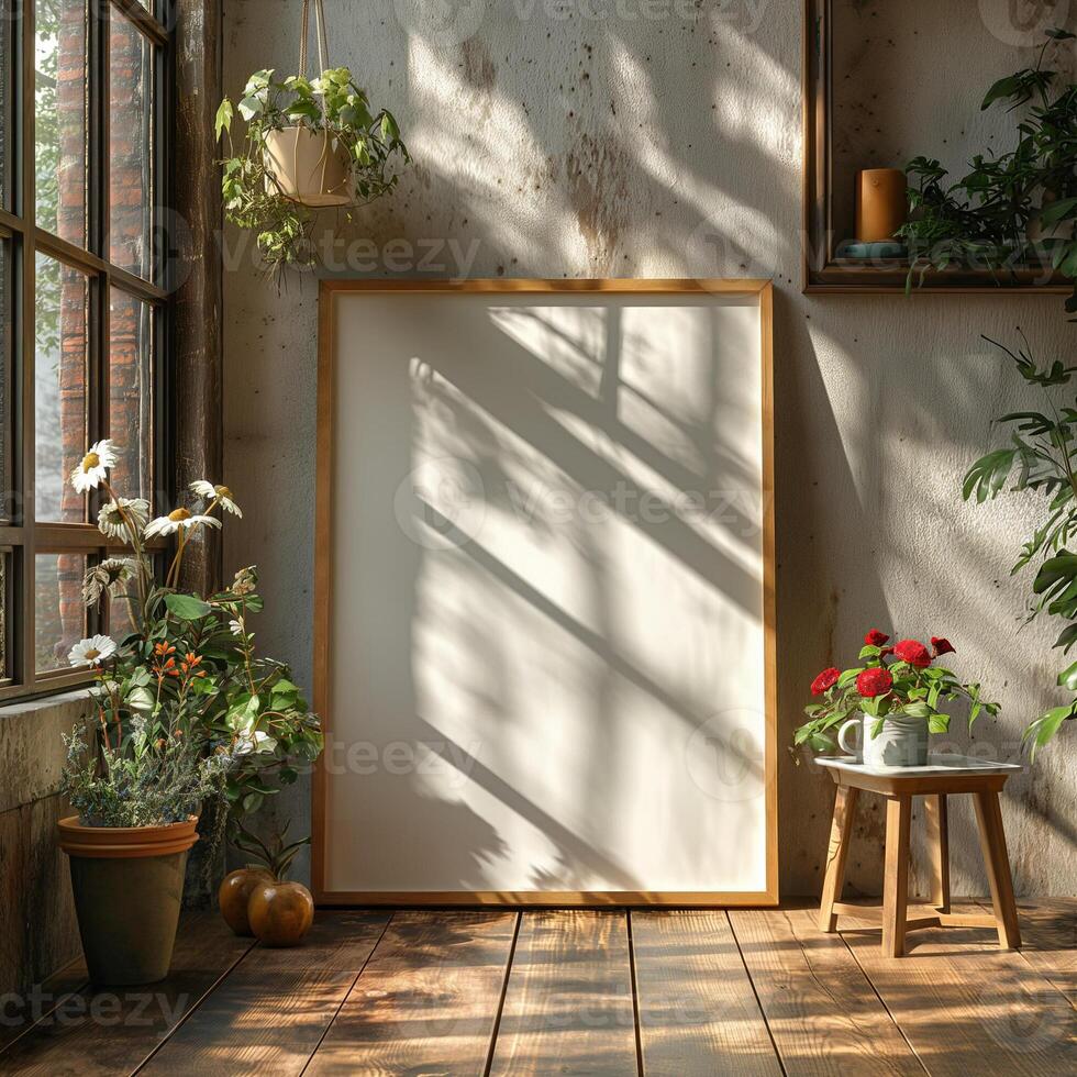Frame mockup, DINA vertical frame mockup, aestetic, wooden frame photo