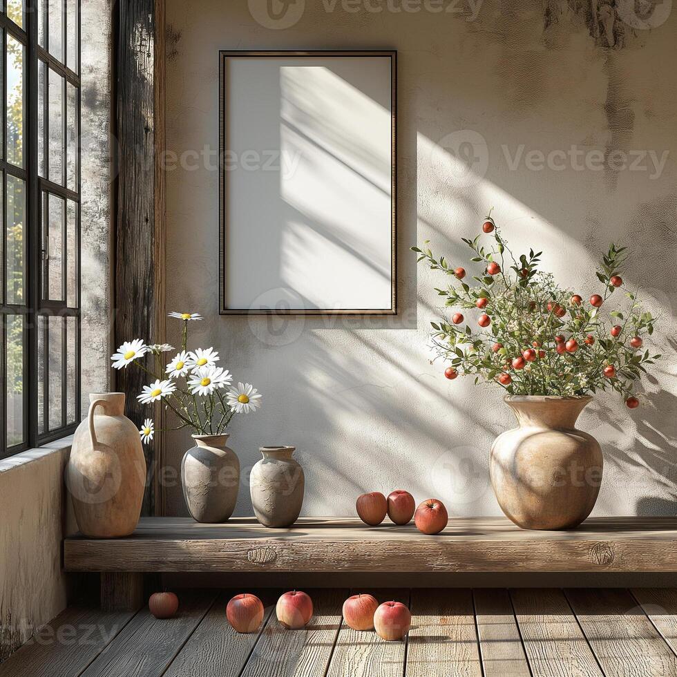 Frame mockup, DINA vertical frame mockup, aestetic, wooden frame photo