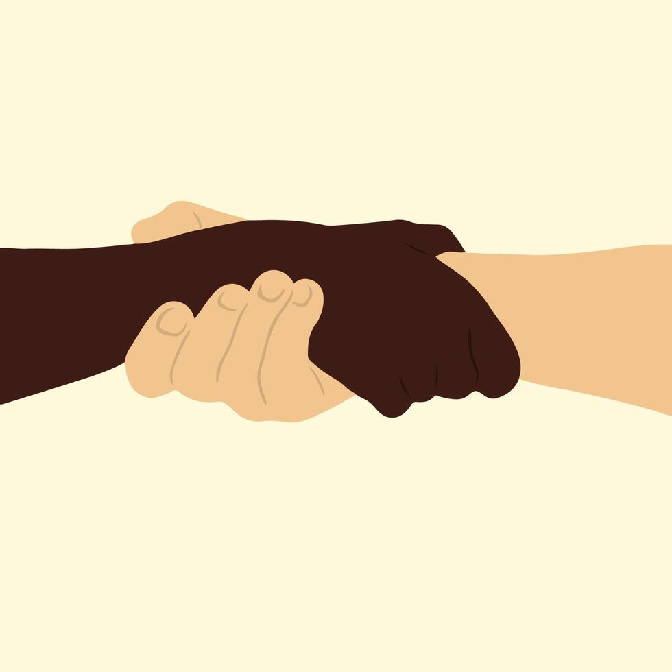 Two People with Different Skin Color Holding Each Other Hand on White Background. Hand Drawn Love Colored Flat Illustration. vector