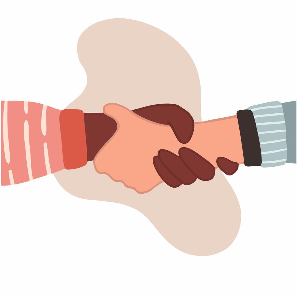Two People with Different Skin Color Holding Each Other Hand on White Background. Hand Drawn Love Colored Flat Illustration. vector