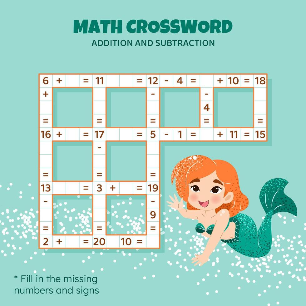 Math Crossword puzzle for kids. Addition and subtraction. Counting up to 20. Game for children. illustration. Colorful crossword with cartoon mermaid. Task, education material for kids. vector