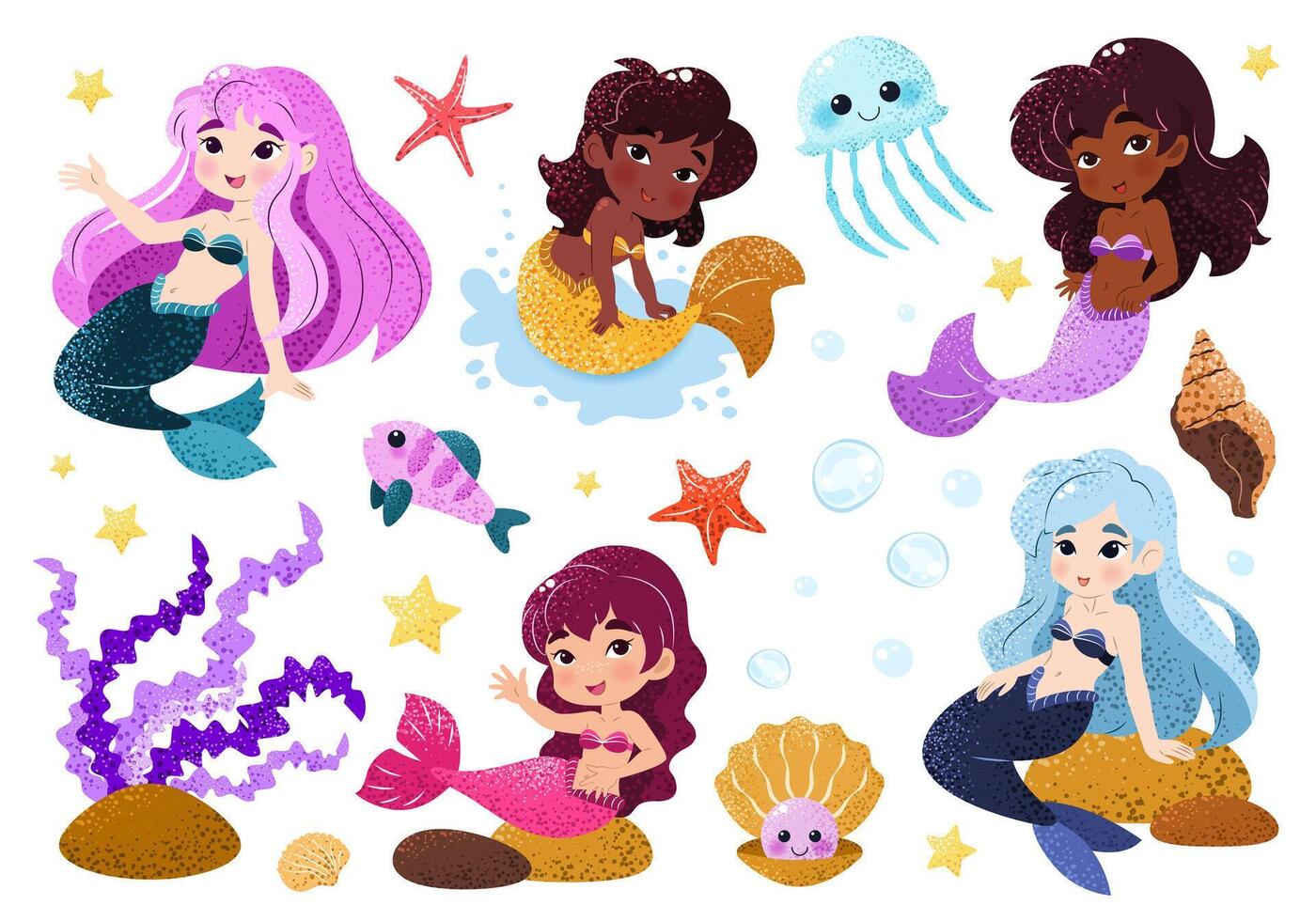 Bundle with kawaii mermaids, marine animals and plants. Isolated illustrations on white background with magical creatures for a childish print. clip art. Underwater set of princesses. Sea life. vector