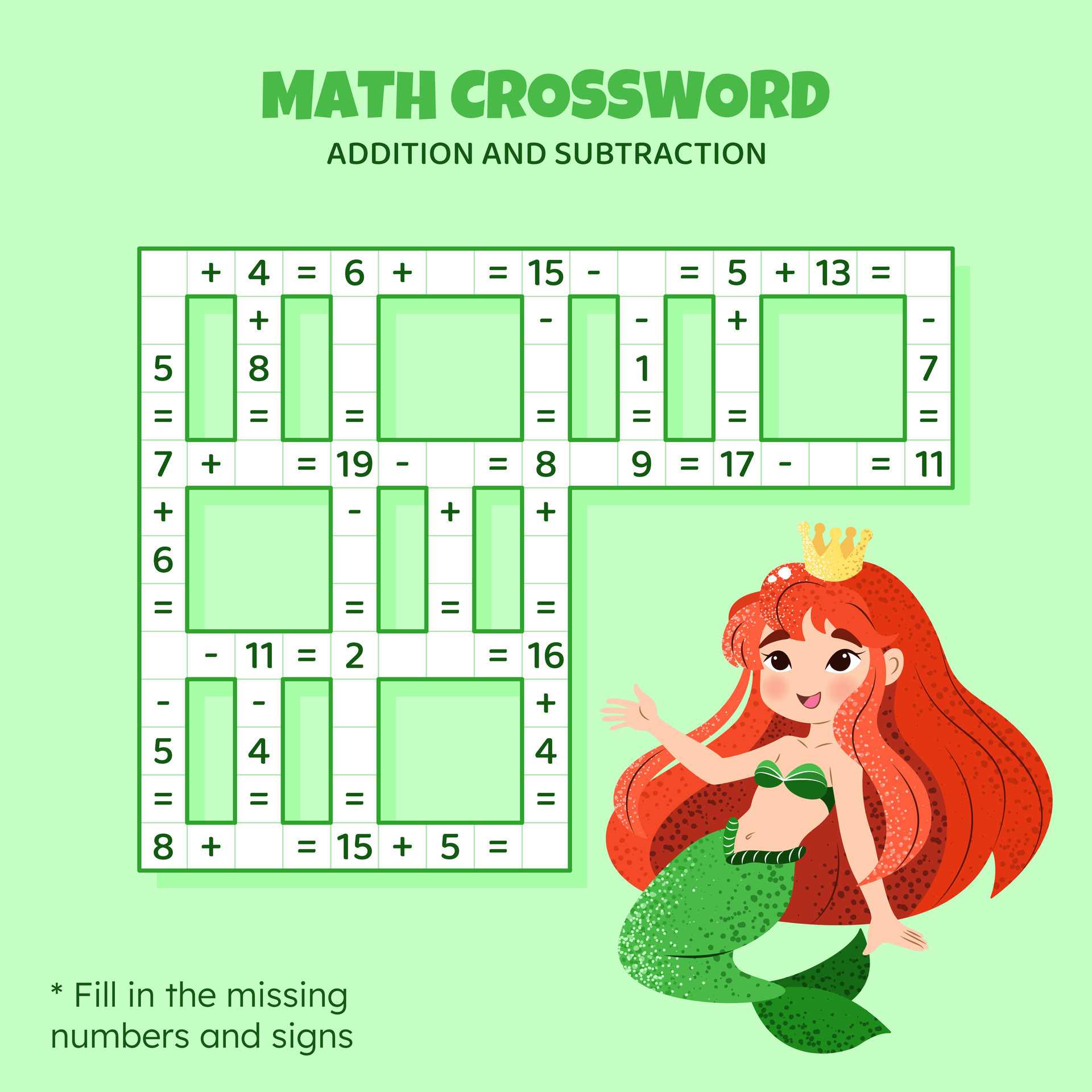 Math Crossword puzzle for kids Addition and subtraction Counting up