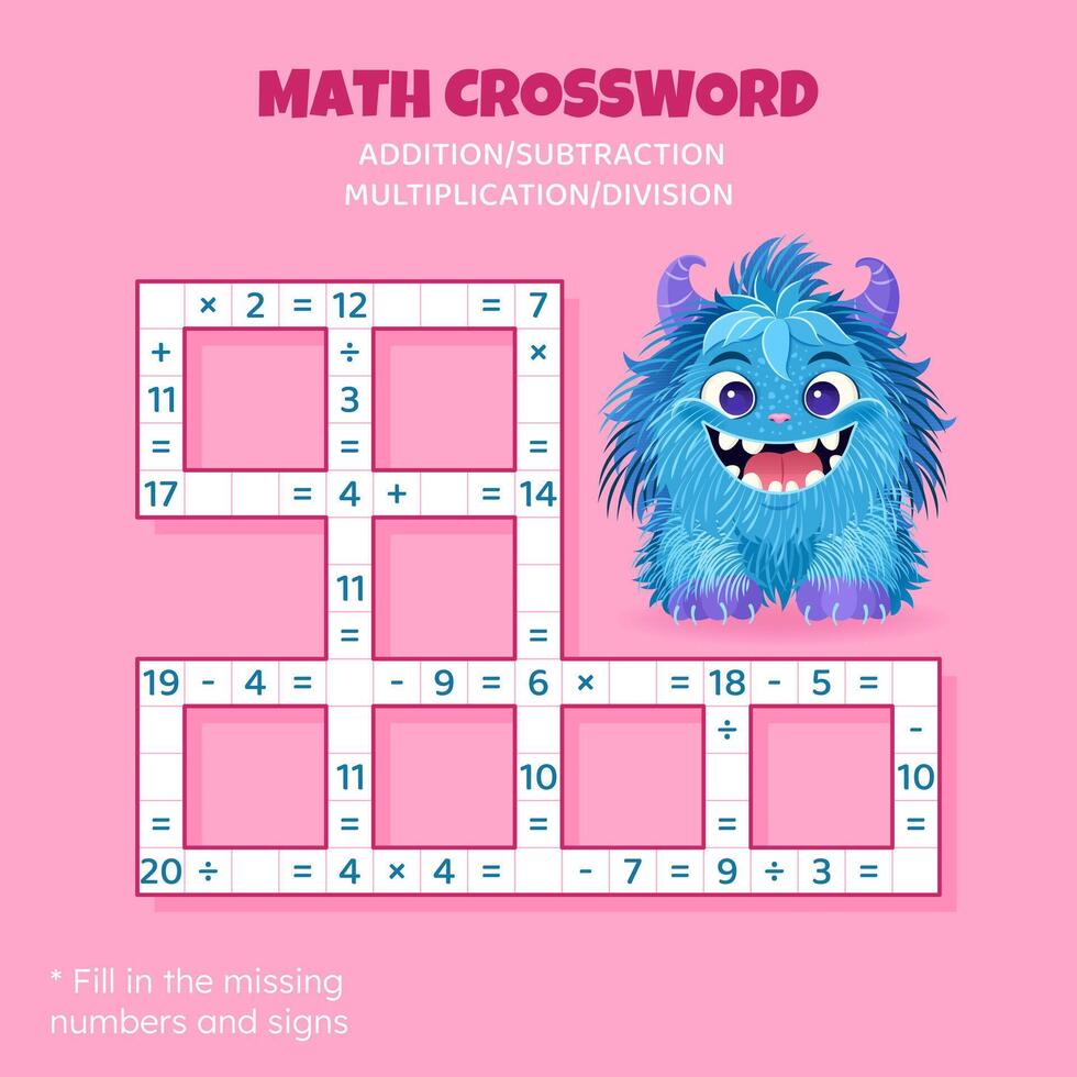 Math Crossword puzzle for children. Addition, subtraction, multiplication and division. Counting up to 20. illustration. Game with cartoon monster. Task, education material for kids. vector