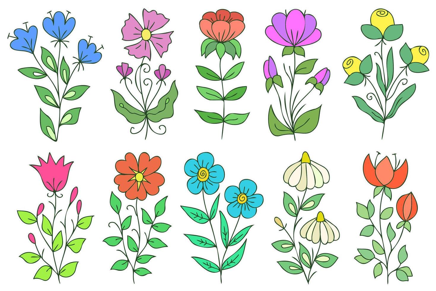 Colorful flowers set. Various cute colorful flowers. vector