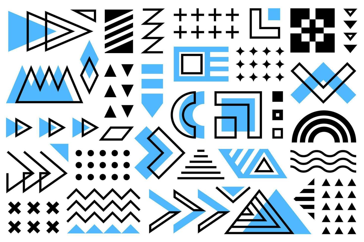 A vivid collection of different geometric shapes, Memphis set in blue and black, arranged on a white background. The composition includes triangles, circles, squares, zigzags and other shapes. vector