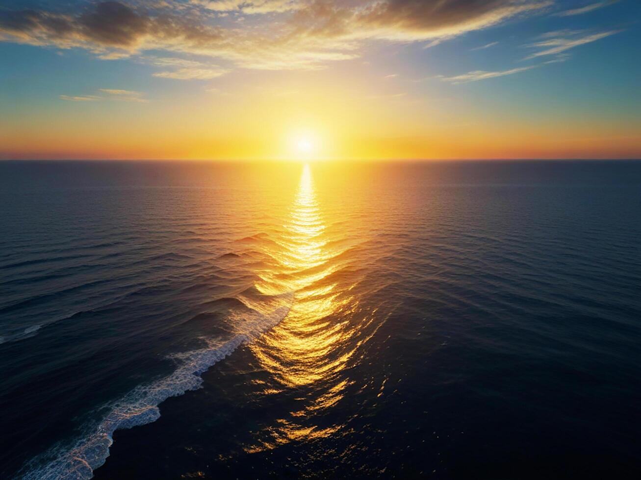 High angle shot of the ocean water and the sun shining in the horizon photo