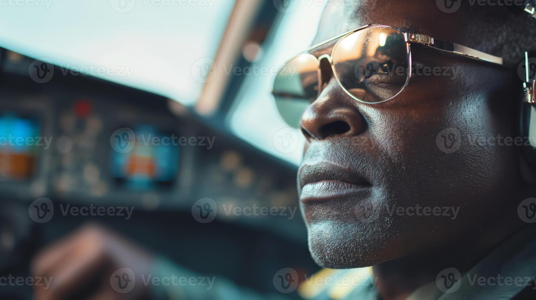 a close up of a man wearing glasses and headphones while driving an airplane photo