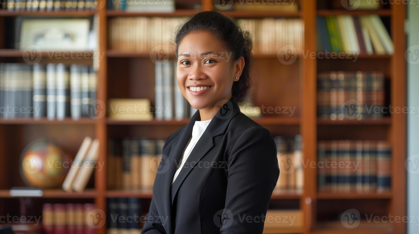 Professional Portrait of Confident Female Business Leader in Office Library Setting, Ideal for Corporate, Career, and Leadership Themes photo