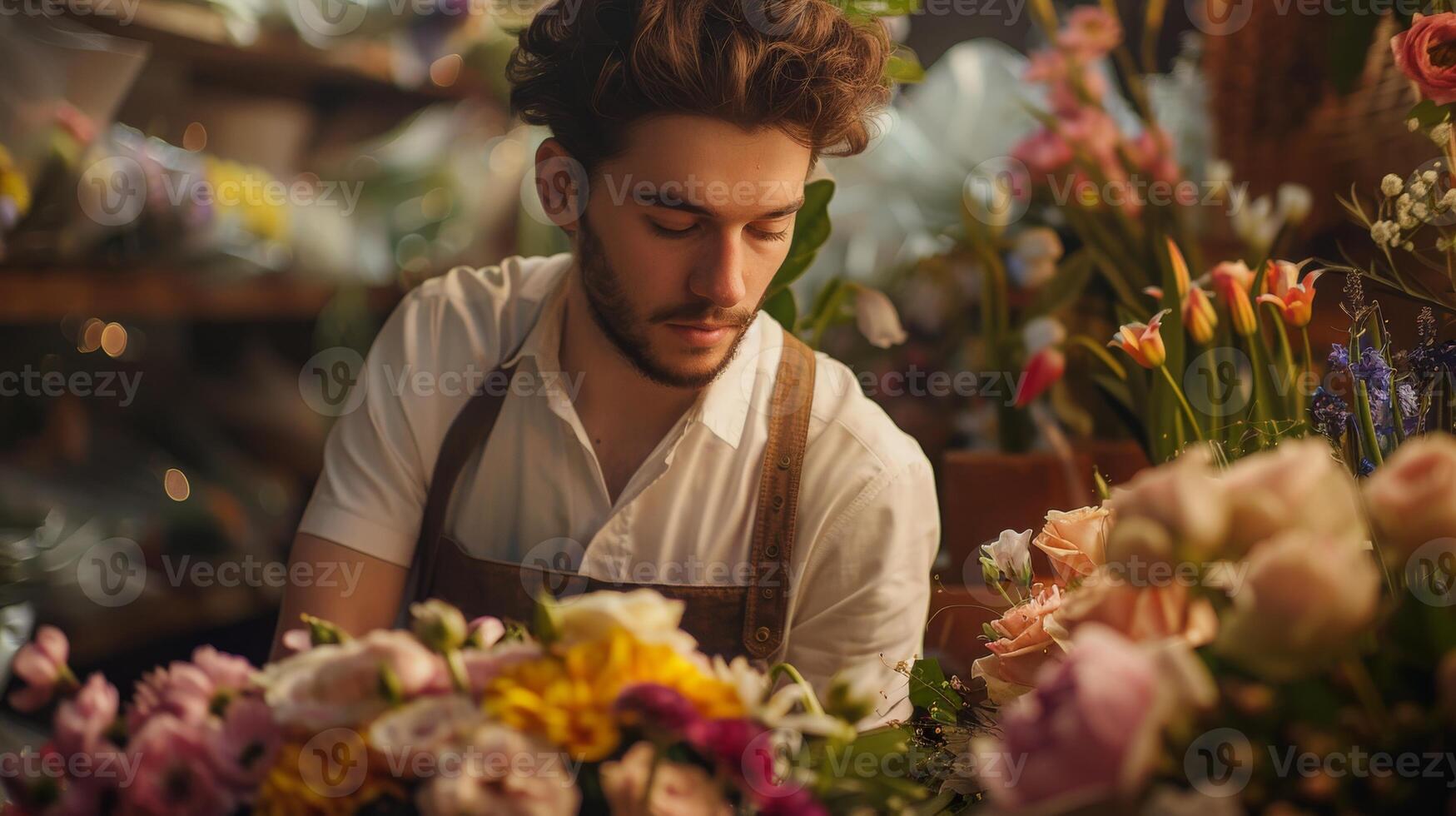 Man choosing plants in floristry shop for event flower arranging photo