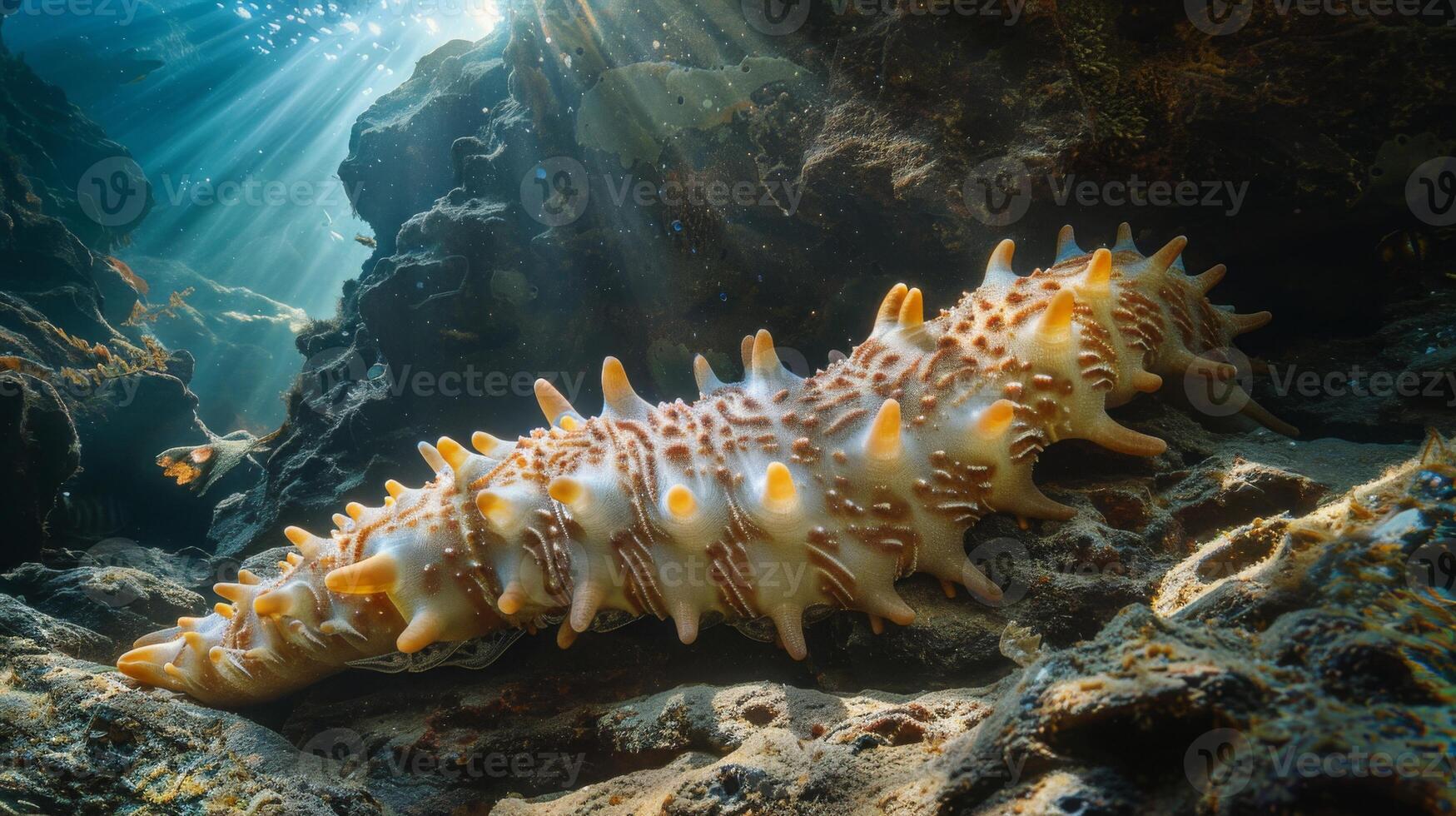 Underwater marine invertebrate, sea cucumber, crawls on reef rocks photo
