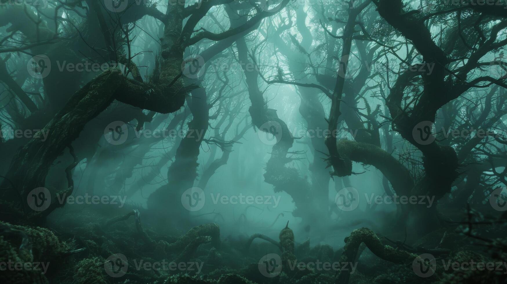 A mysterious forest with fogcovered trees and branches in darkness photo