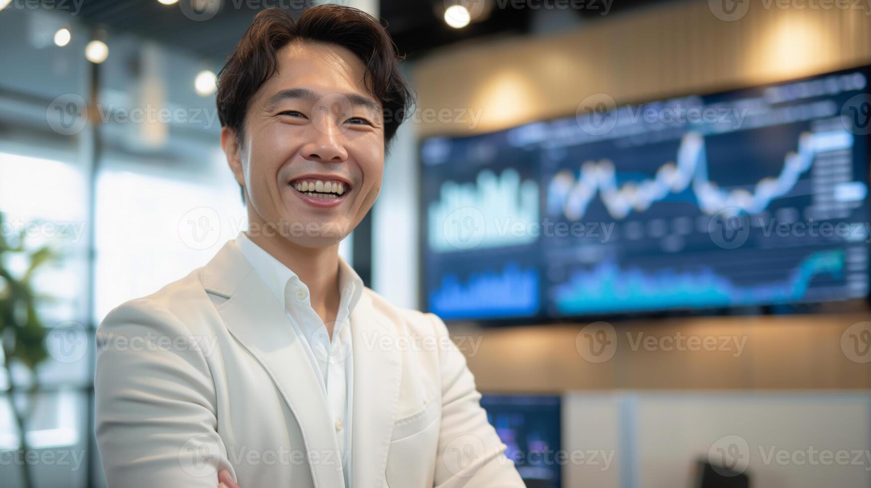 Successful Asian Businessman in Modern Office Analyzing Stock Market Data on Digital Screens photo