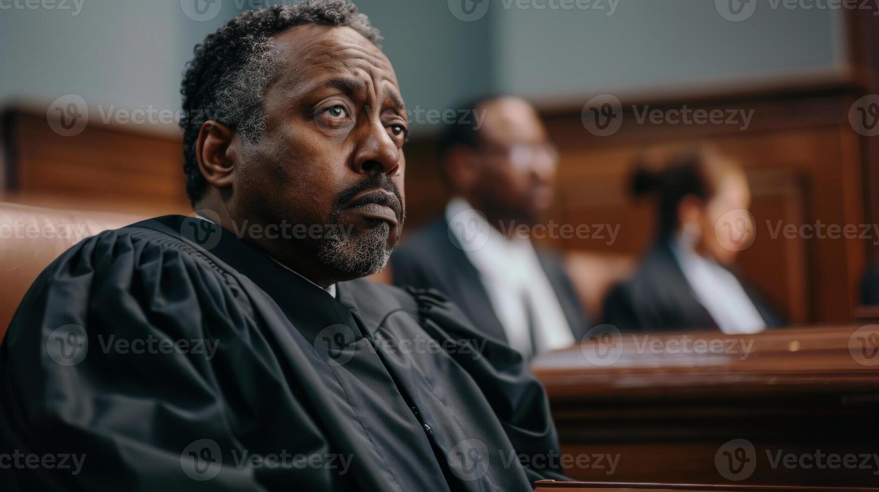 A man with a beard in a judges robe is sitting in a courtroom photo
