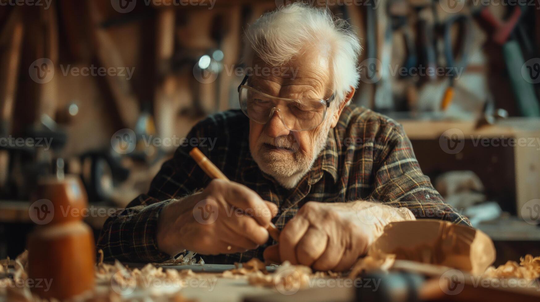 un mayor hombre con arrugas talla madera en un taller, compartiendo su Arte foto