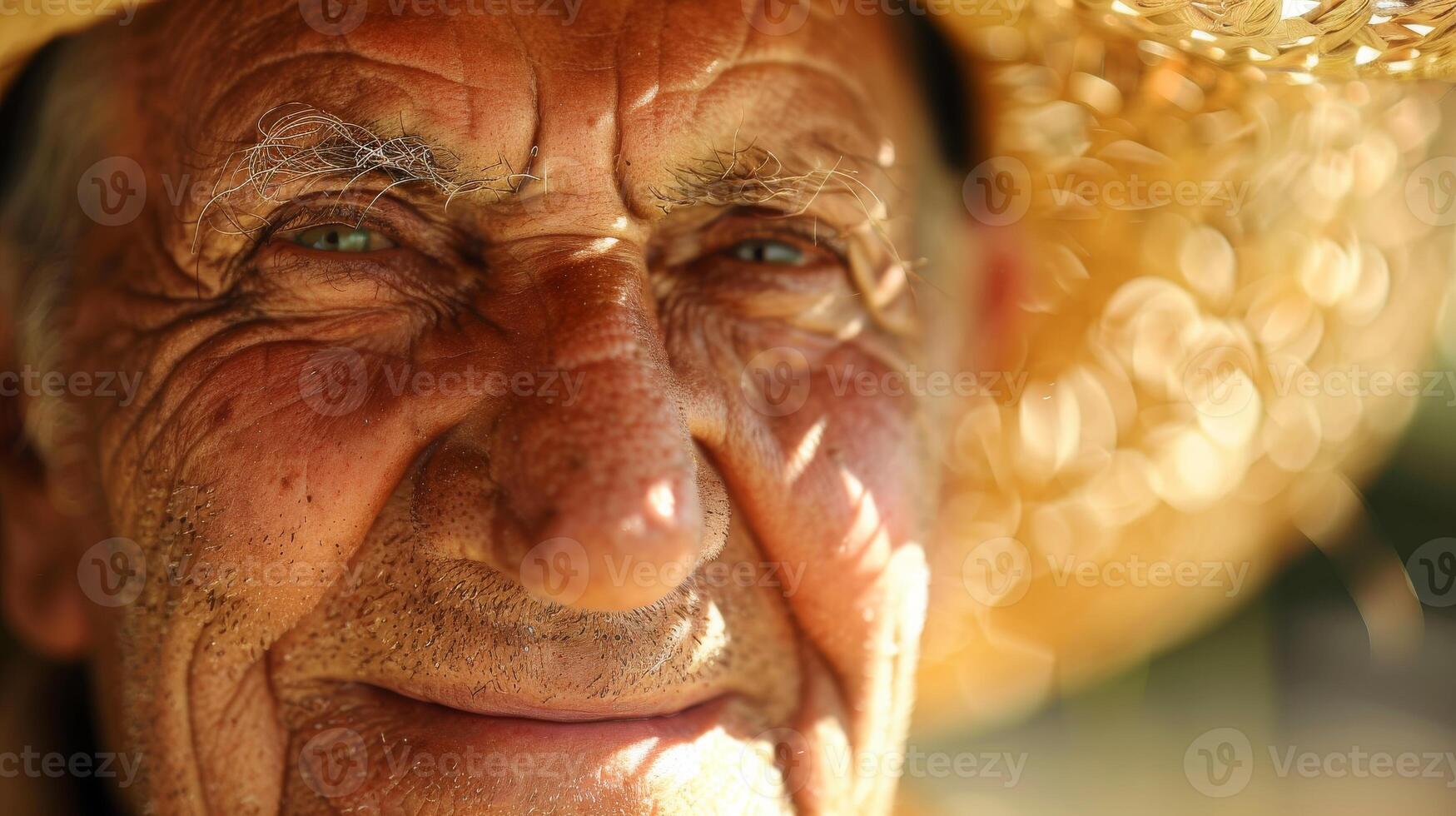 a close up of an elderly man wearing a straw hat photo