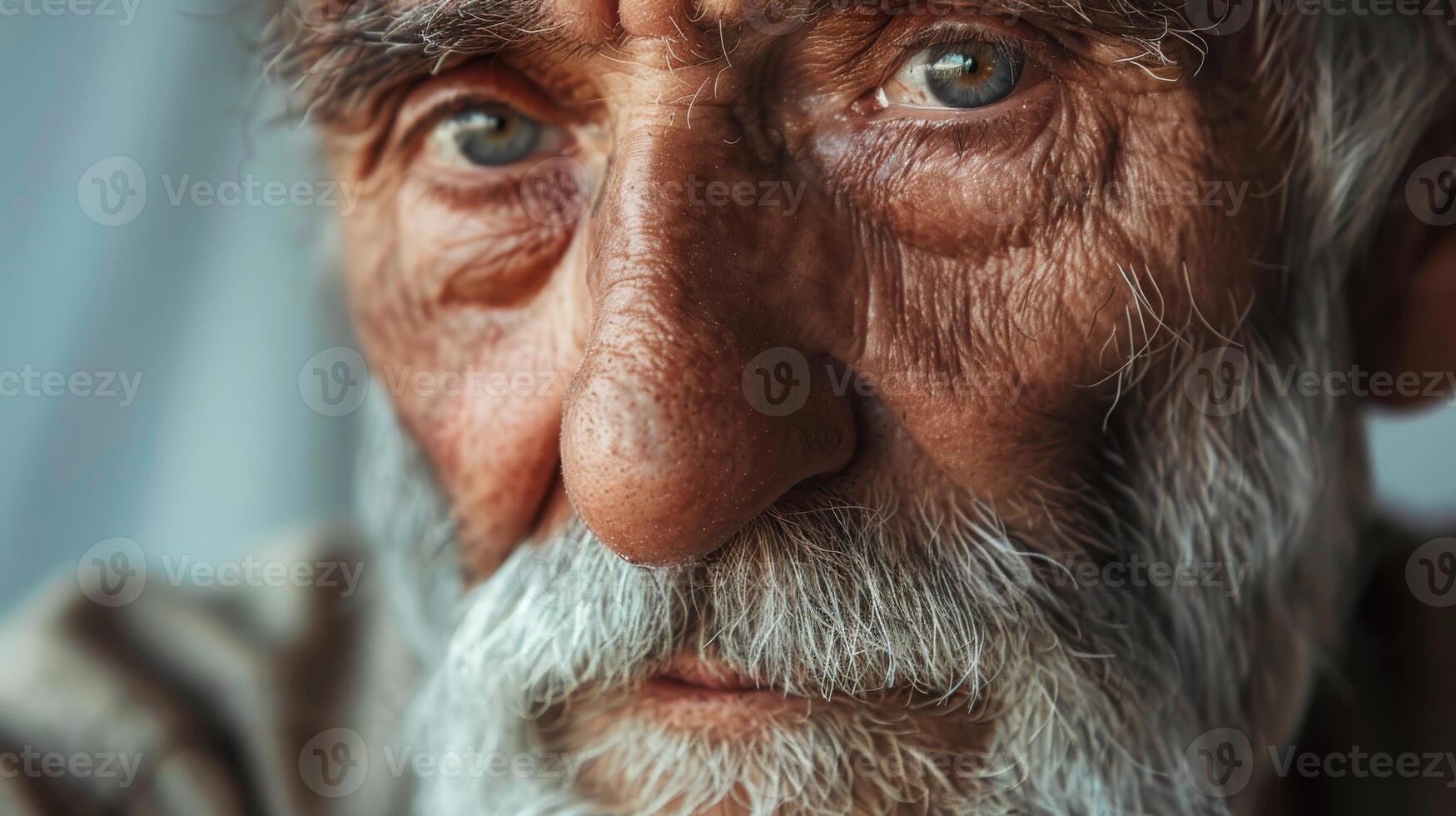 Elderly man with wrinkled facial hair gazes at camera with mustache and beard photo