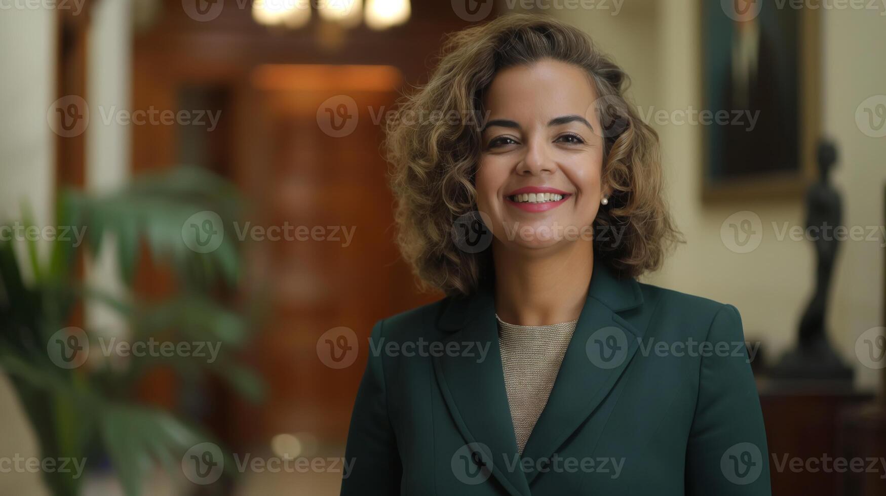 Professional Businesswoman in Green Suit Smiling in Elegant Office Setting for Corporate and Marketing Materials photo