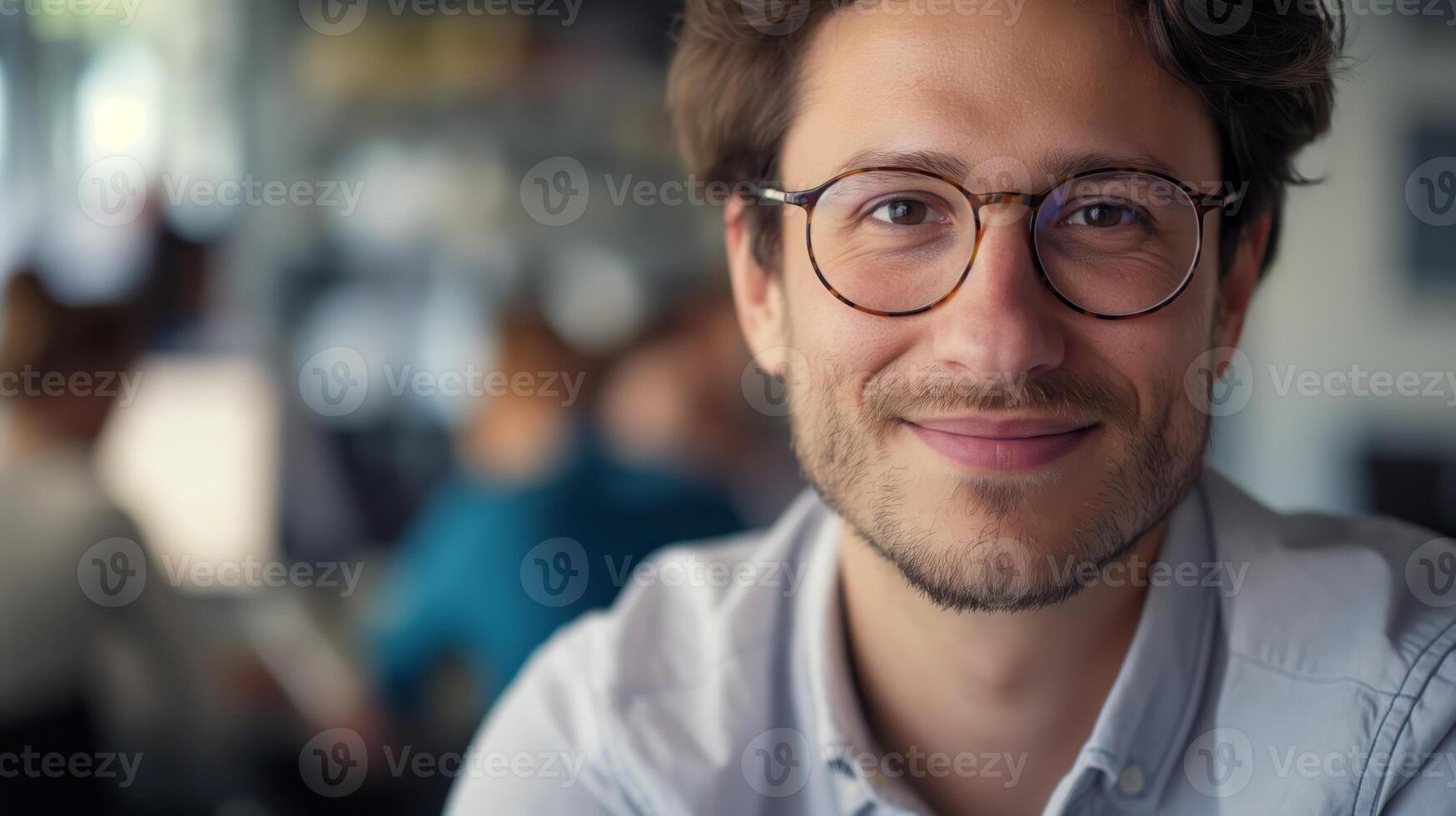 Professional Young Man in Glasses at a Modern Office setting with Blurred Colleagues in the Background photo