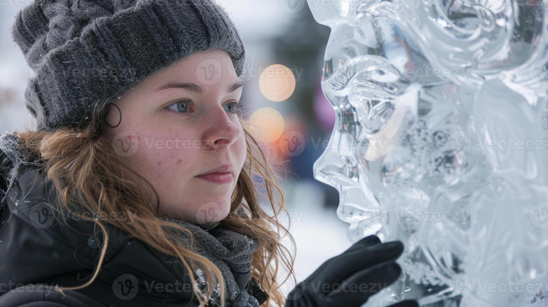 a woman is looking at an ice sculpture of a face photo