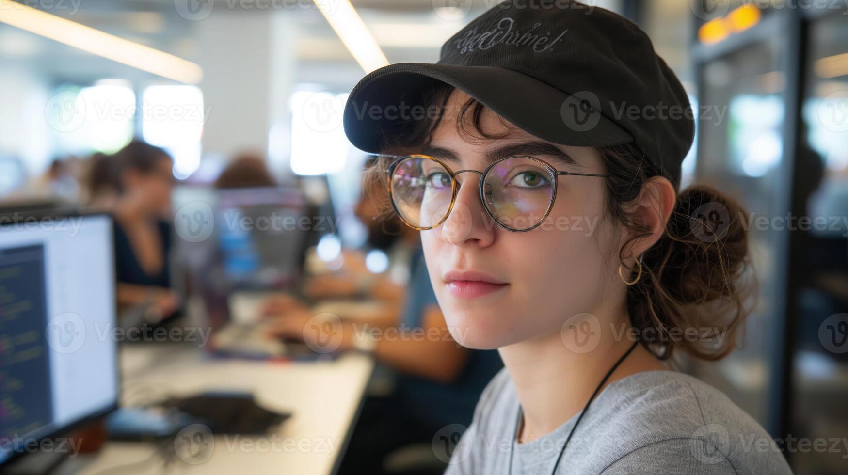 A woman with glasses and a hat sits at a desk in front of a computer photo