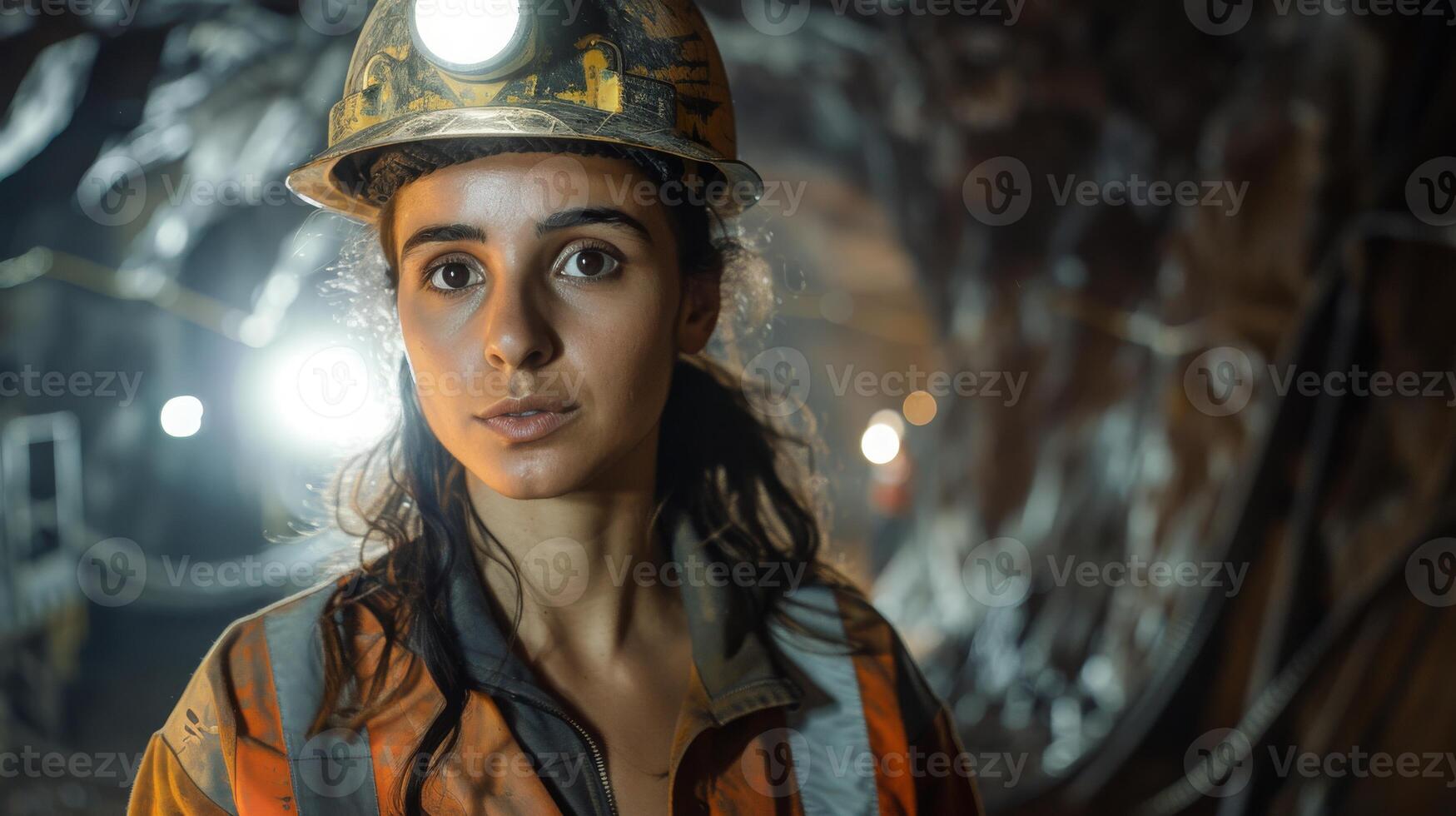Focused Miner in a Hard Hat with Headlamp Underground photo