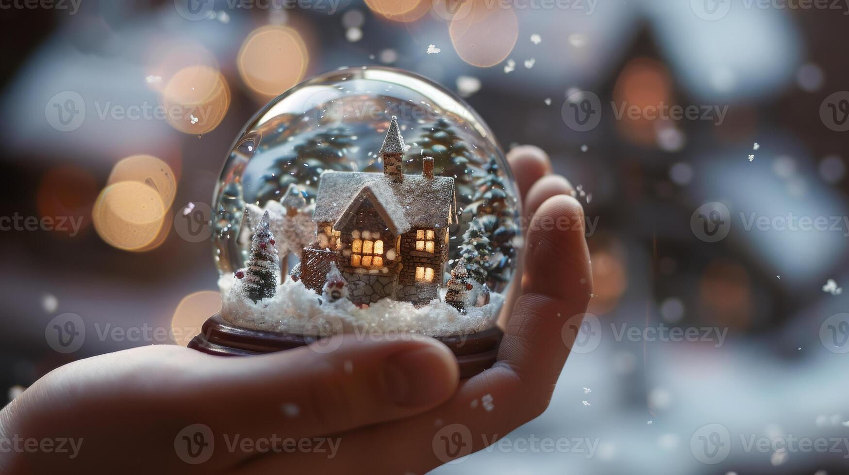 Person holds snow globe with house, creating a miniature winter wonderland photo