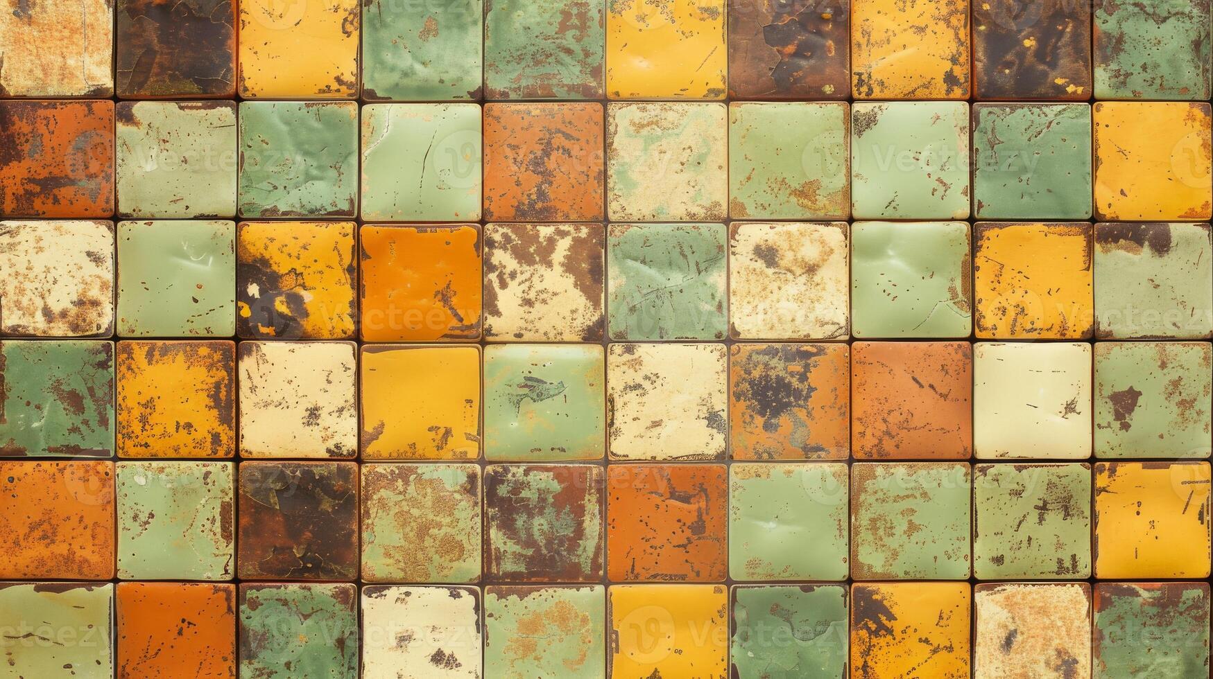 A closeup of a symmetrical patterned colorful tile wall photo