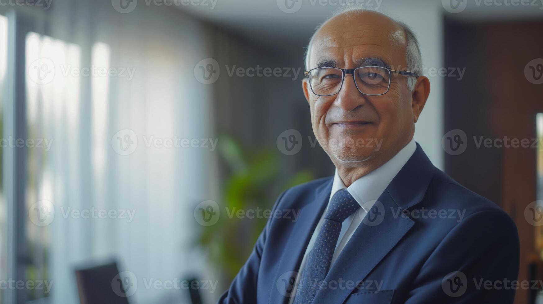 Confident Senior Businessman in Formal Suit with Glasses Posing in Office Setting for Corporate Profile photo