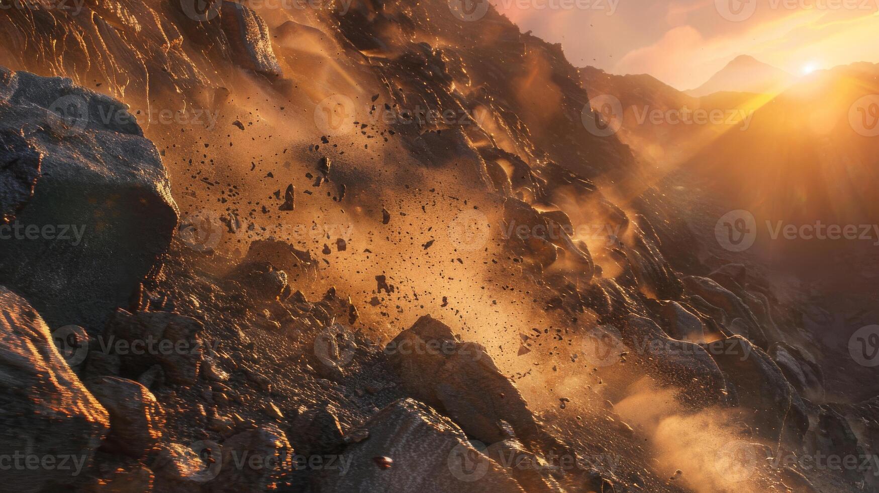 a mountain is erupting with a lot of rocks and dust coming out of it photo
