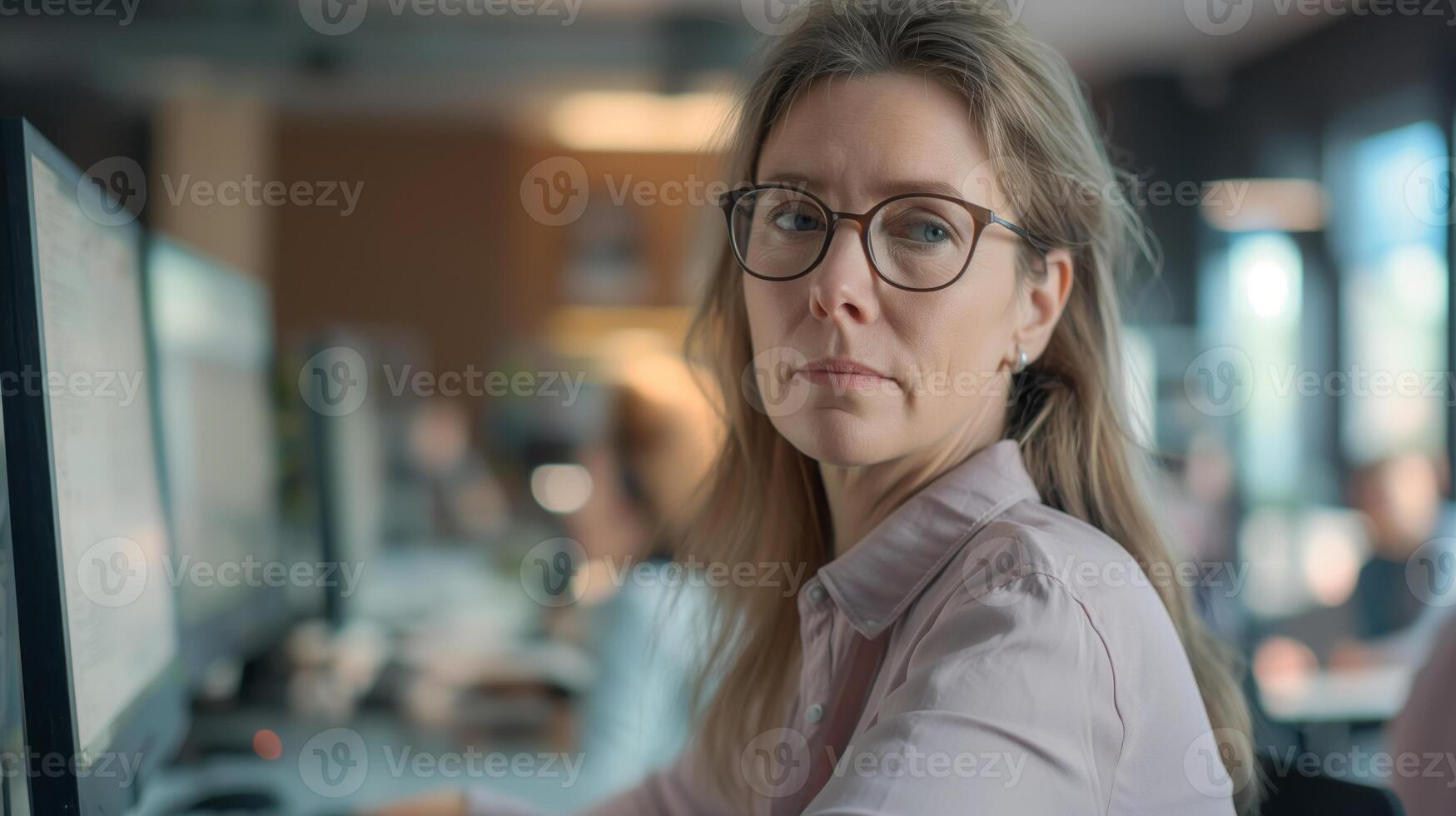 Woman with glasses sitting at computer monitor in vision care event photo