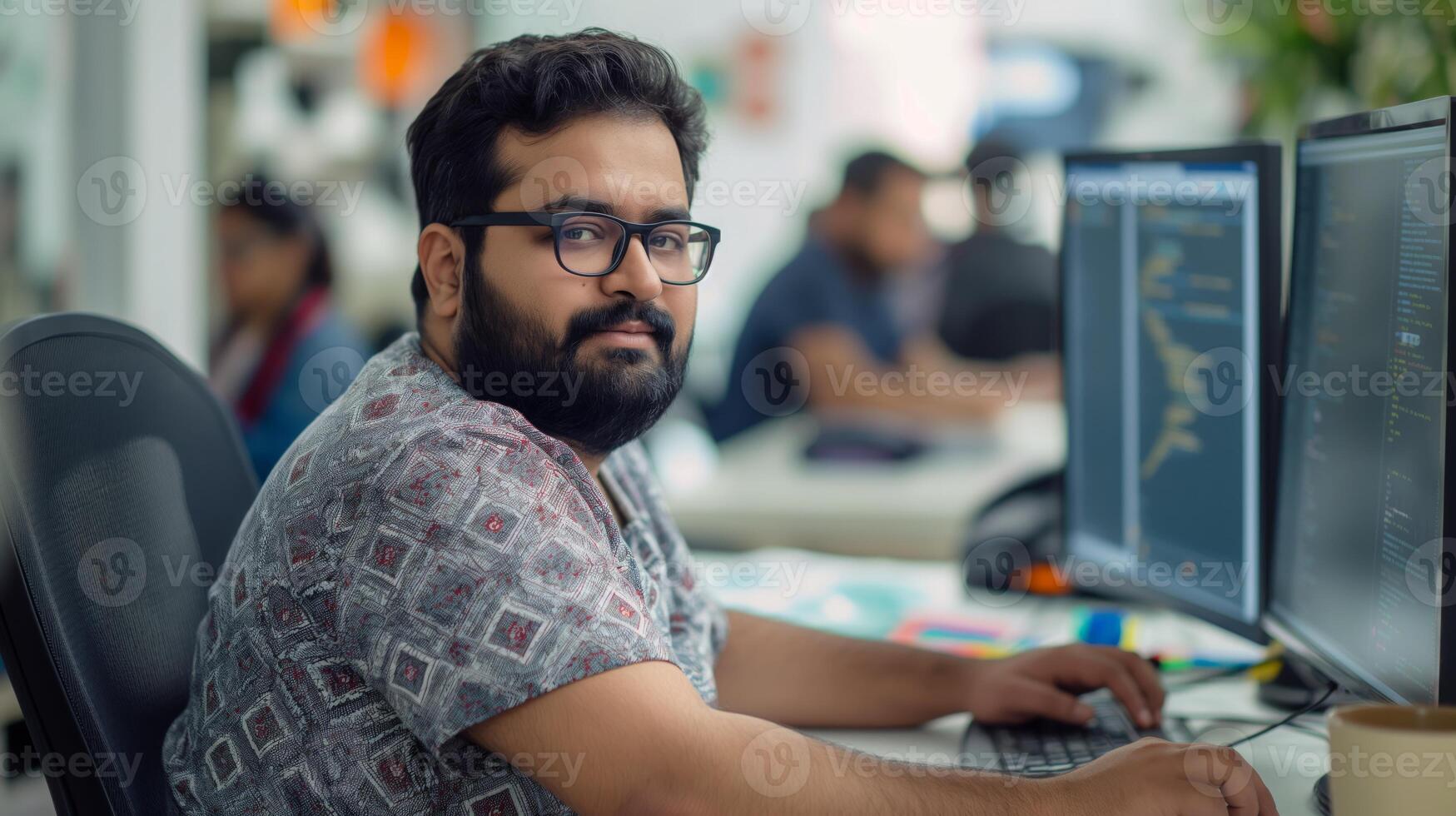 A bearded man is at a desk with a computer, wearing glasses photo