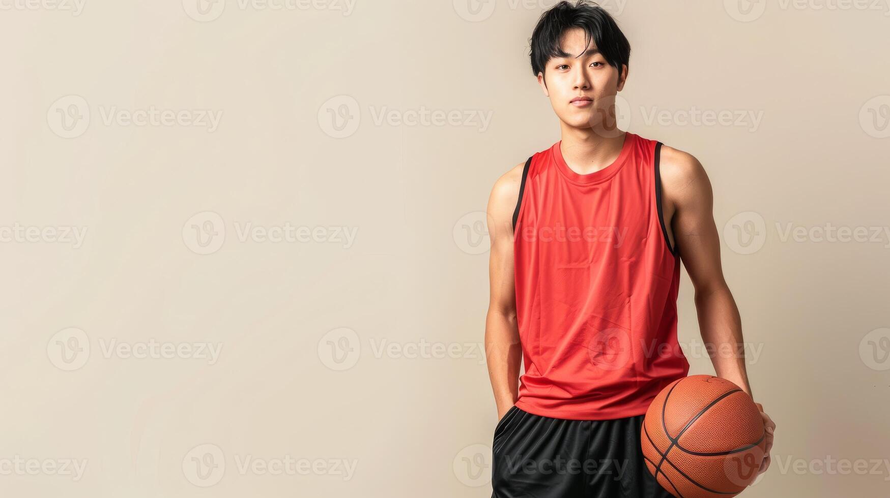 A man wearing red tank top and black shorts holds a basketball photo