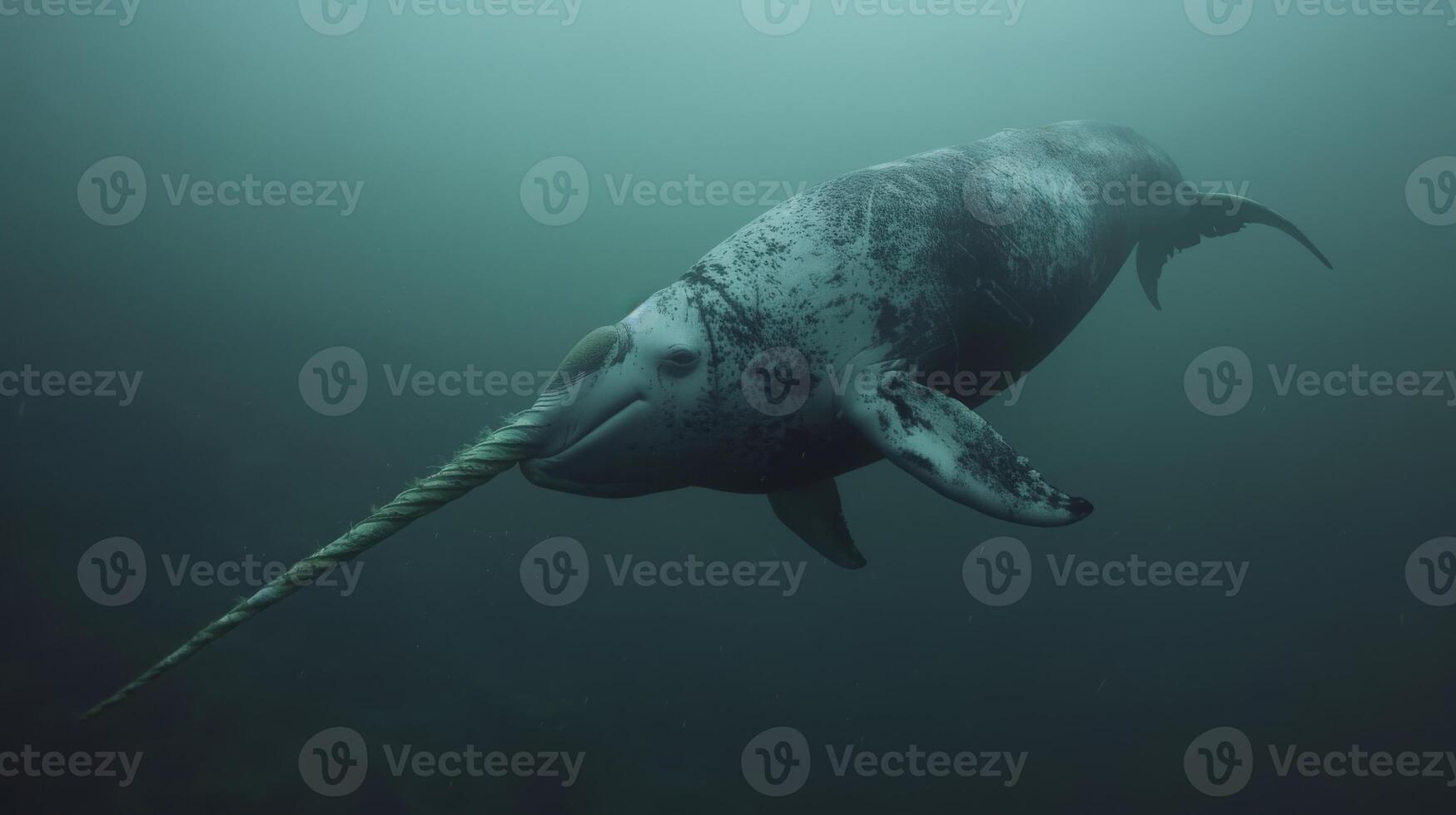 A narwhal with a lengthy hornlike tooth is diving underwater in the ocean photo