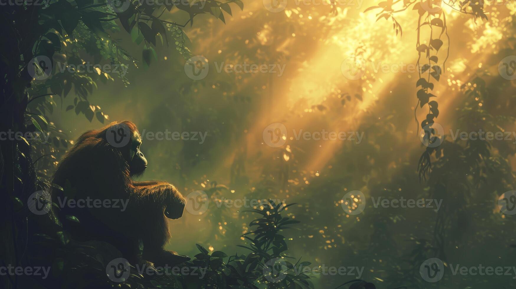A gorilla relaxes in the jungle, surrounded by trees and sunlight photo