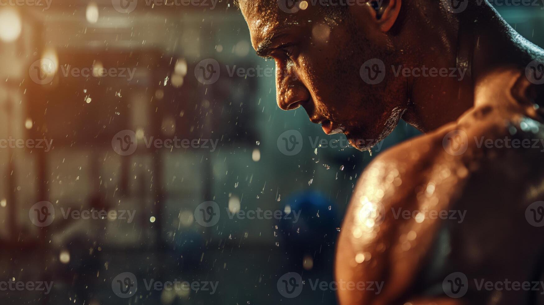 Intense Training Session, Athlete Focused and Sweating, Muscle Definition, High-Energy Gym Environment photo