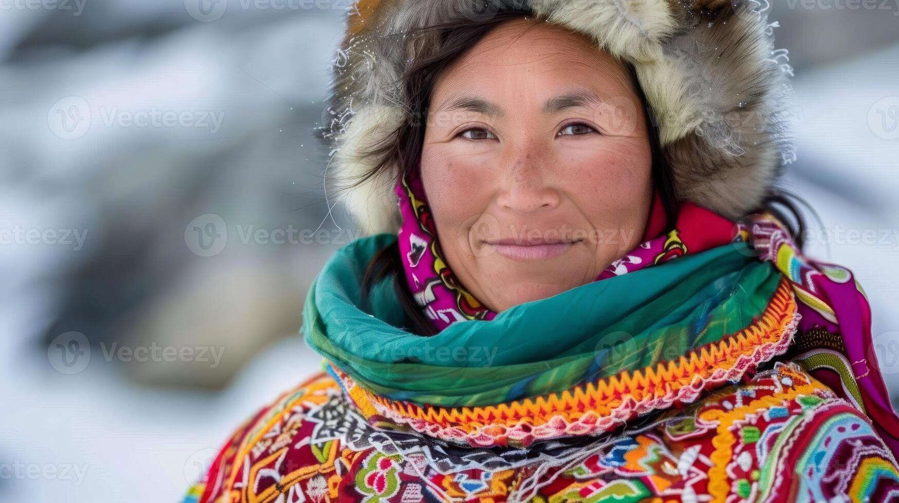 A woman, with a fur hat and stole, smiling in the snow photo