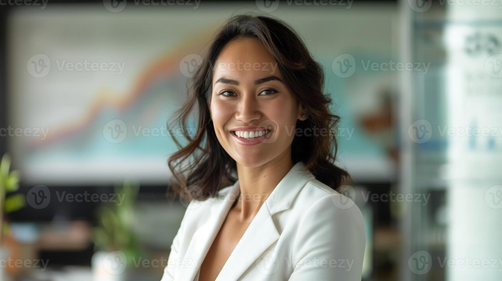 Professional Young Woman Smiling in Modern Office Setting, Ideal for Business, Leadership, and Corporate Promotions photo